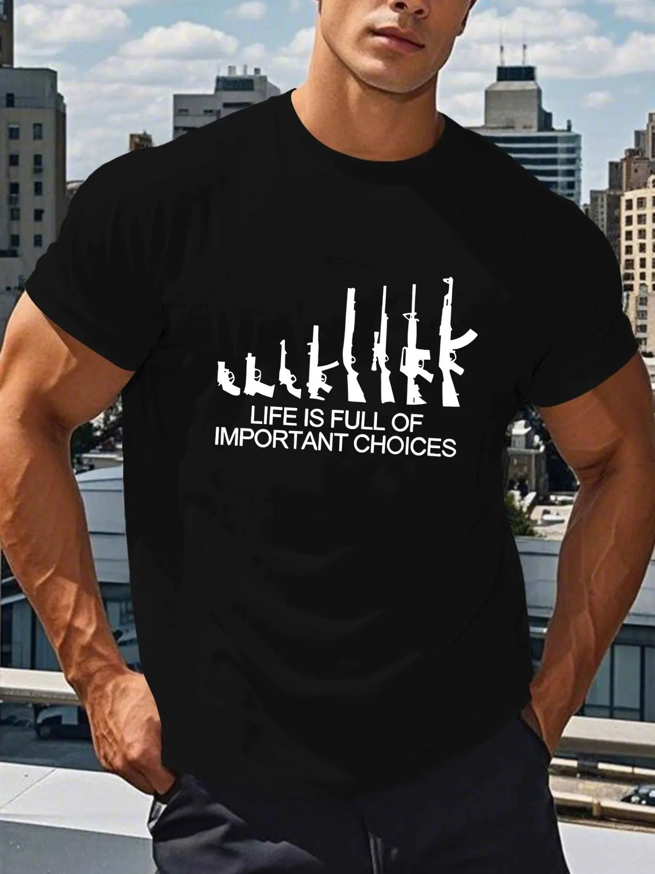 Men Short Sleeve Crew Neck T Shirt Various Gun Silhouette Important Choices Slogan Shooting Theme Casual Cotton Streetwear Tee