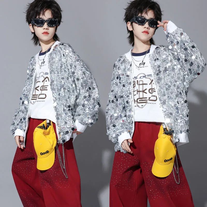 

Hip Hop Boys Silver Sequined Jacket Street Dance Red Capri Pants Girls K-pop Jazz Costume Child Clothes Set Kids Streetwear