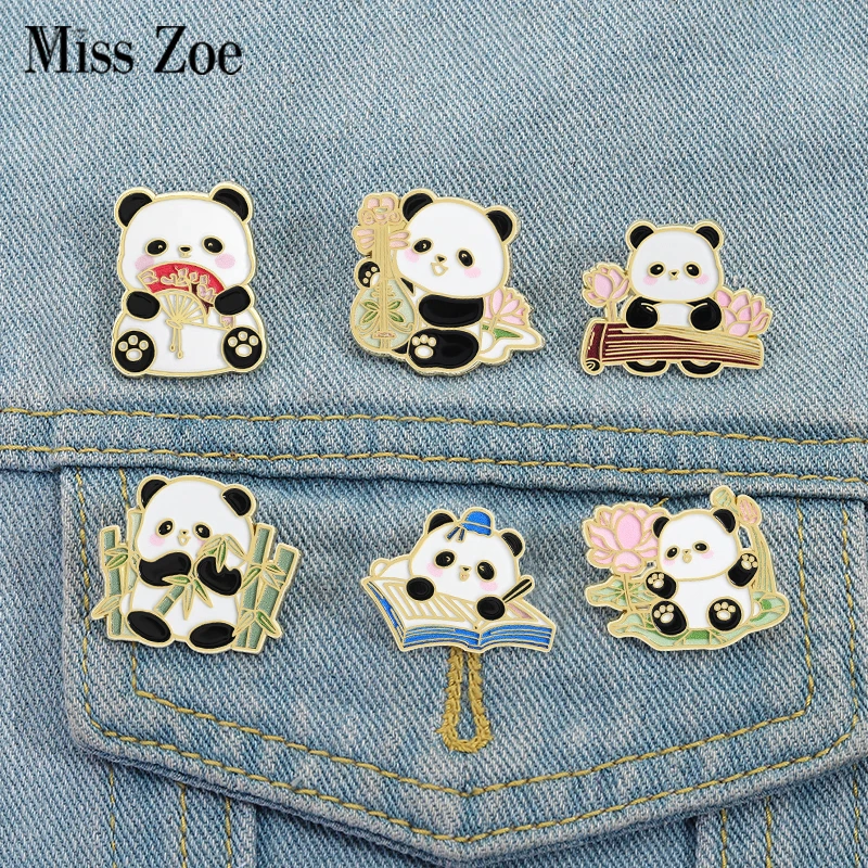 

Cute Panda Reading Enamel Pins Custom Panda Eating Bamboo Brooches Lapel Badges Clothes Animal Jewelry Gift for Kids Friends