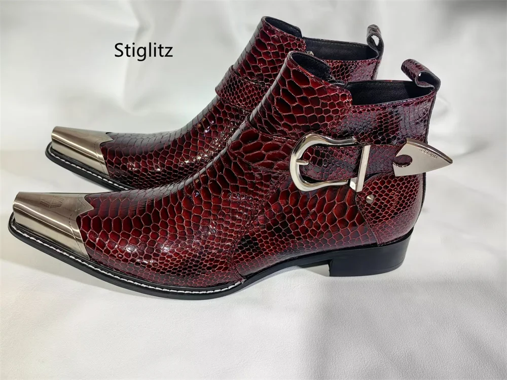 

Burgundy Snake Pattern Chelsea Boots for Men Pointed Toe Patent Leather Belt Buckle Wedding Shoes Bridegroom Ankle Boots