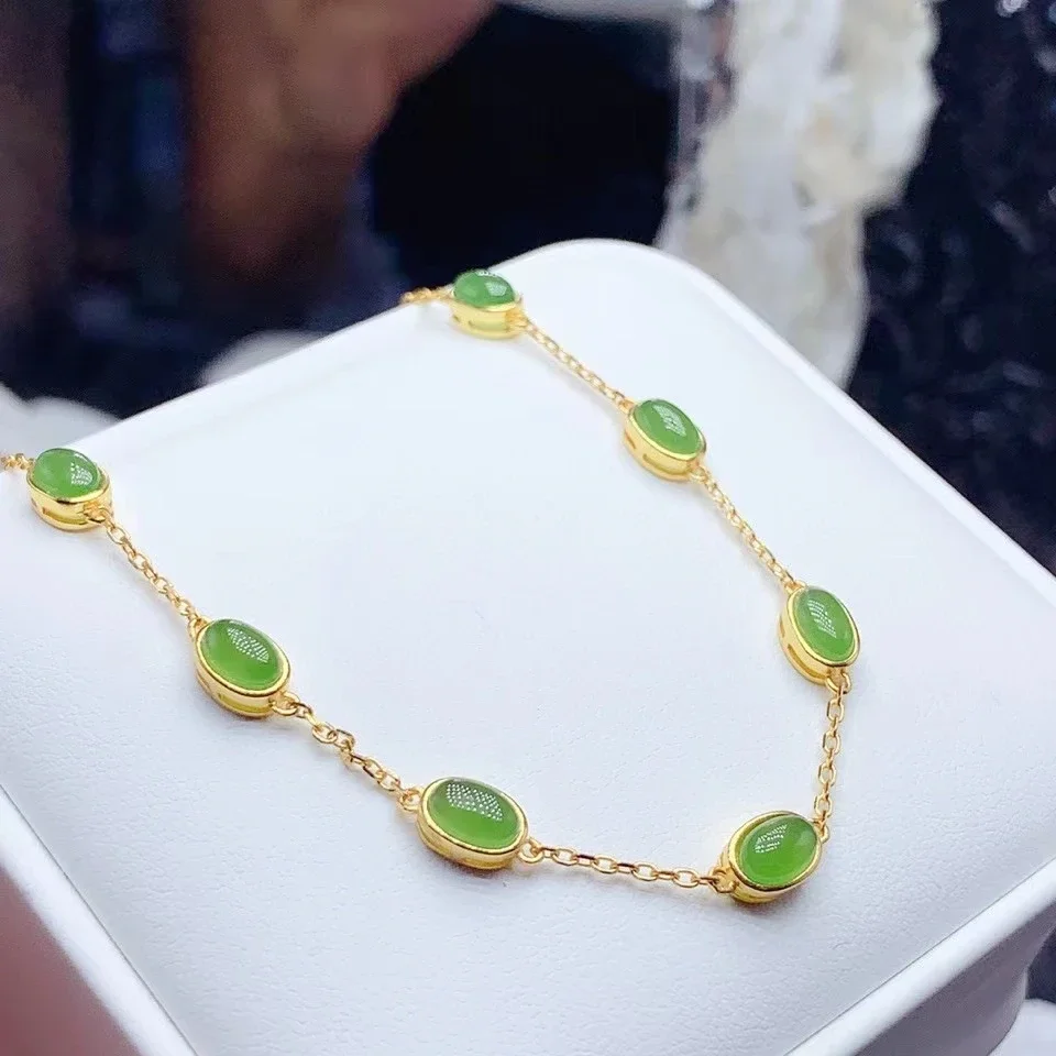 Pulseira de jade de prata 925 fina para férias, verde natural, chapeamento de ouro 18k, 4mm * 6mm, 3.5ct total, moda