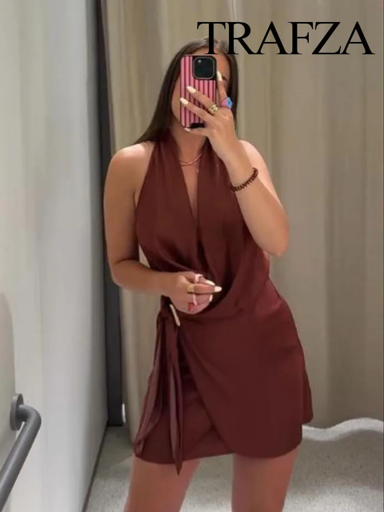 TRAFZA Women's Summer Sexy Gold Inlaid Halter Neck Deep V Collar Backless Dress Female Elegant Sleeveless Party Slim Mini Dress