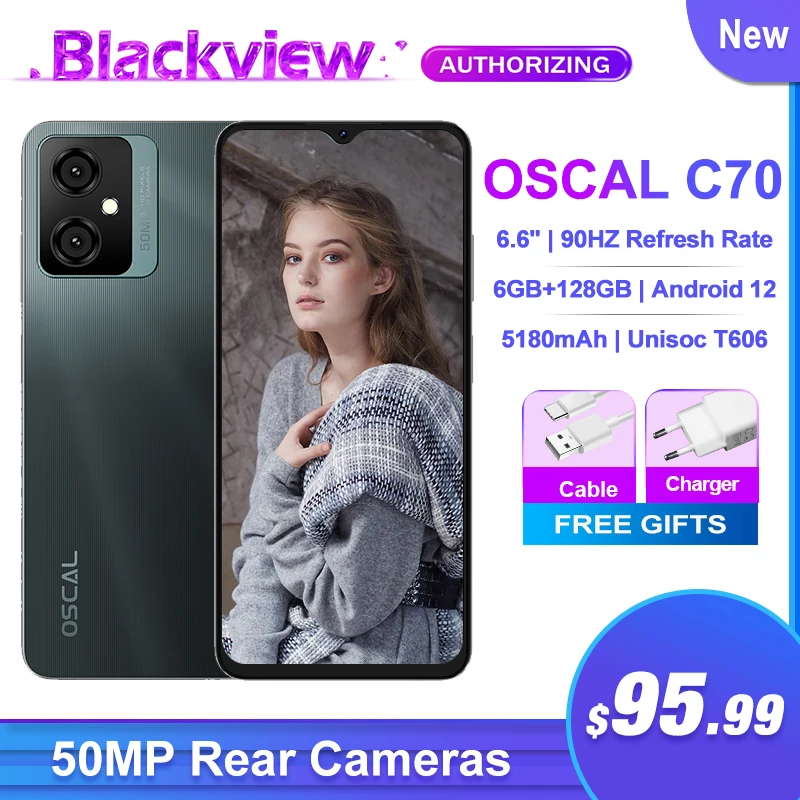 Blackview Oscal C70 Smartphone 50MP Camera 6.6-inch Mobile Phone 6GB+128GB Android 12 5180mAh Octa Core 90Hz Display Cellphone