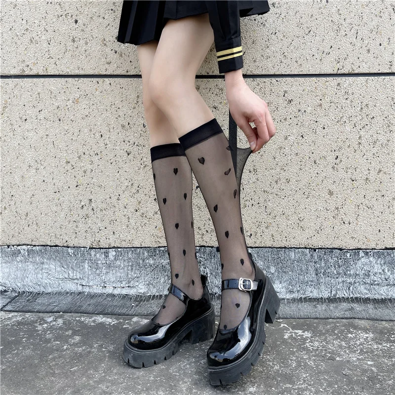 Heart Print Stockings Women Ultra-thin Transparent Nylon Long Socks JK Lolita Sweet Girls Kawaii Cute Knee Socks Women Stockings