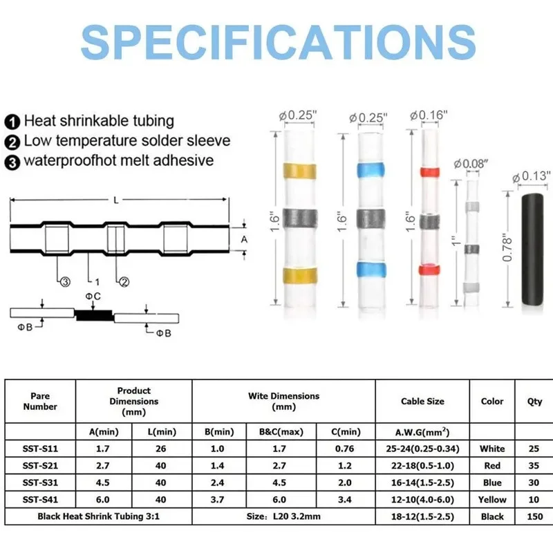 250PCS Solder Seal Wire Connector 530pcs Heat Shrink Tubing Butt Connector Kit Automotive Marine Insulated with 300W Hot Air Gun