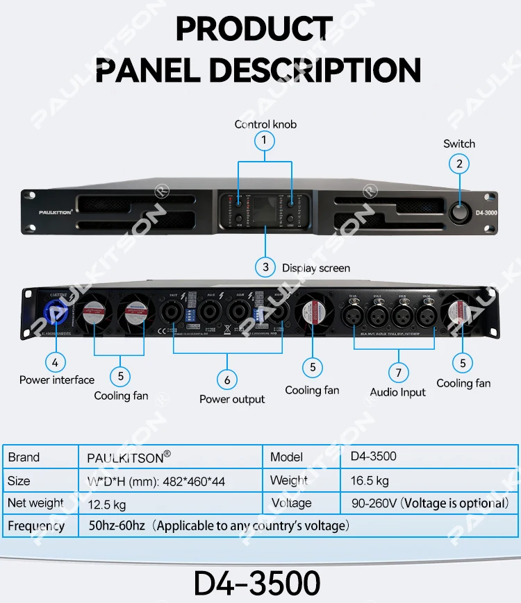 Paulkitson PD4-3500 4-Kanal SIC Digital Class D Leistungsverstärker mit hoher Ausgangsleistung für professionelle Bühnen-, Bar- und Konzert-Audio-Lautsprecher – Detail 19