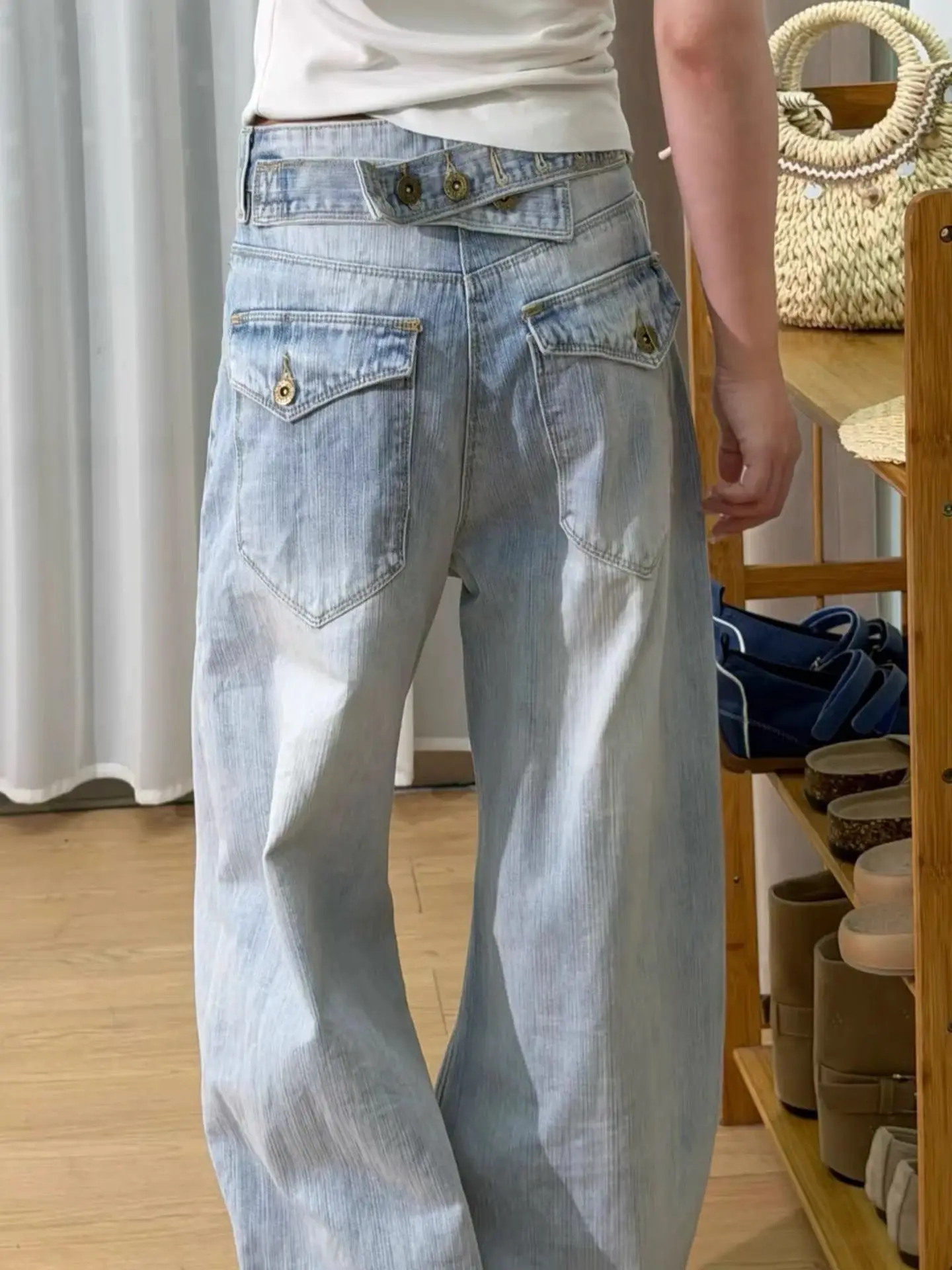 Light Blue Buckle Back Curved Barrel Wide Leg Jeans Women Summer New Retro Streetwear Designer Pants