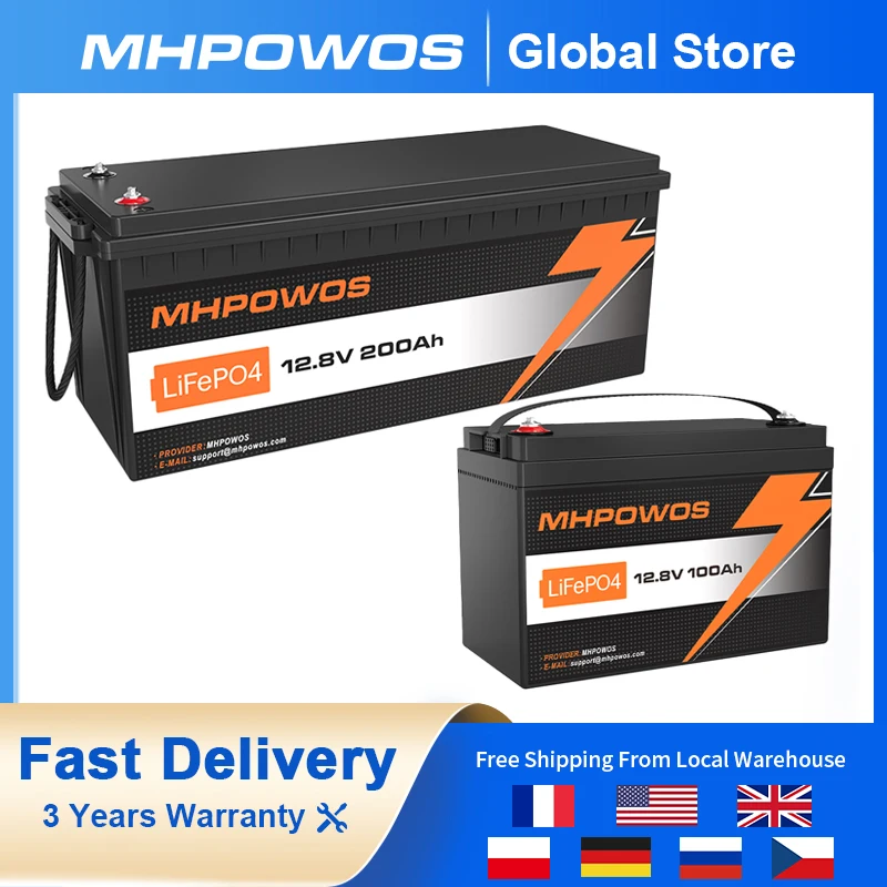 

MHPOWOS 12V 100Ah/200Ah LiFePO4 Battery Built-in BMS Lithium Iron Phosphate Cells Pack Deep Cycles For Boat Golf Cart Solar