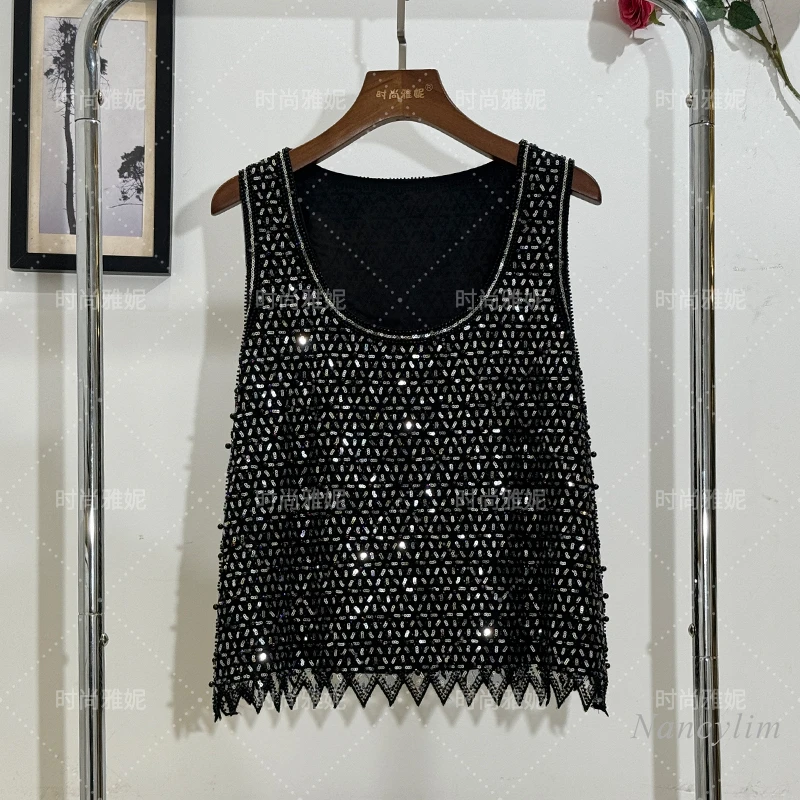 Pearl Beaded Shiny Crystal Slim Fit Slimming Outside Wear Vest Women's All-Match Sequin Bead Sling Top Tank for Women