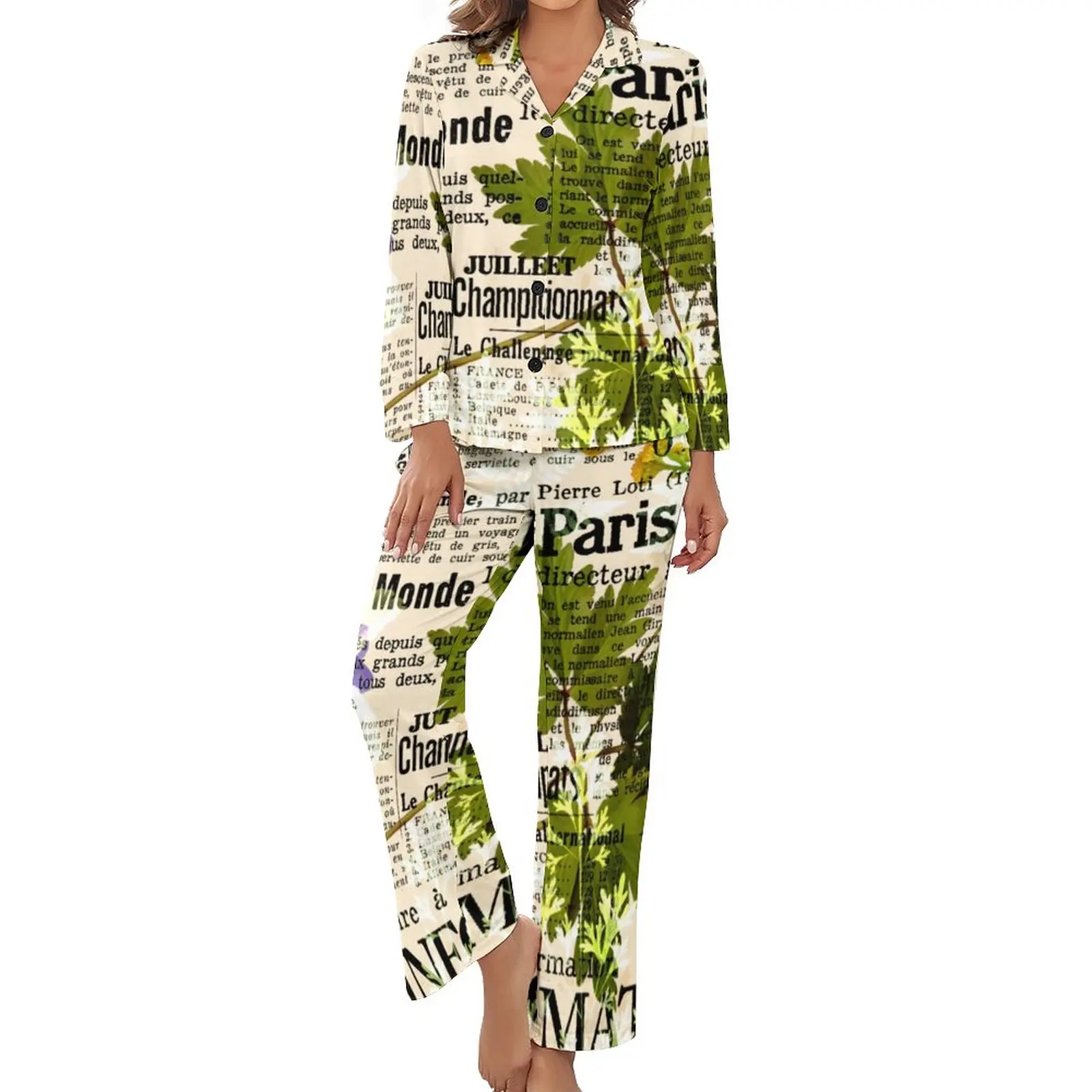 Retro Newspaper Pajamas Leaf Floral Print Leisure V Neck Home Suit Female 2 Pieces Custom Long-Sleeve Trendy Pajamas Set