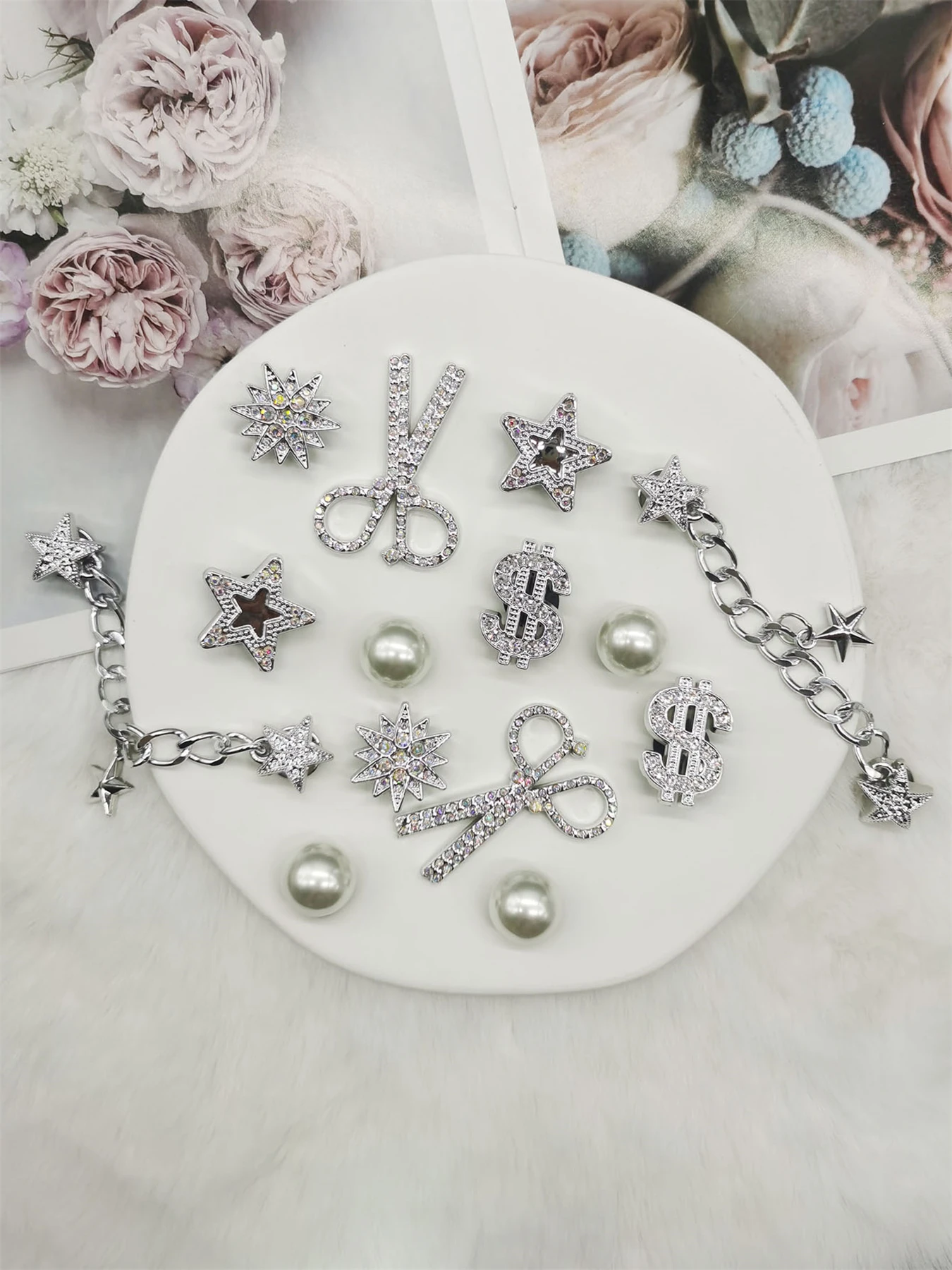 14PCS Resin Star Chain Shoe Charms Accessories Starburst Clogs Shoes Buckles Decorations Reomvable Scissors Dollar Shoe Clips