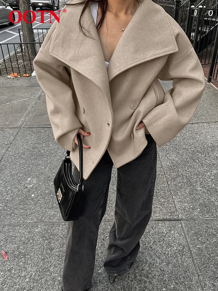 OOTN Wool Khaki Coats Chic Lapel Double-Breasted Women\'s Long Sleeves Outerwear 2024 Autumn Female Office Loose Jackets Winter