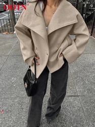 OOTN Wool Khaki Coats Chic Lapel Double-Breasted Women's Long Sleeves Outerwear 2024 Autumn Female Office Loose Jackets Winter