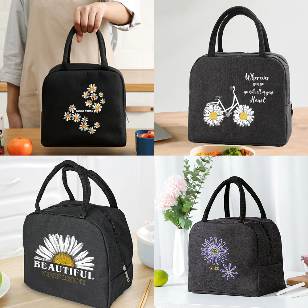 Lunch Bag Cooler Tote Portable Insulated Zipper Thermal Canvas Bag Food Picnic Unisex Travel Lunchbox Organizer Bags Daisy Print