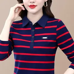 2023 Spring and Autumn Women's Pullover Polo Neck Stripe Loose Fit Bottom Shirt Casual Fashion Elegant Commuter Long Sleeve Tops