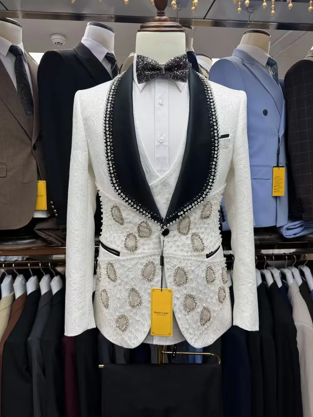 

White Jacquard Men Suit Set 2 Piece Blazer+Black Pants Trousers Customized Formal Office Jacket Wedding Tuxedos Prom Coat