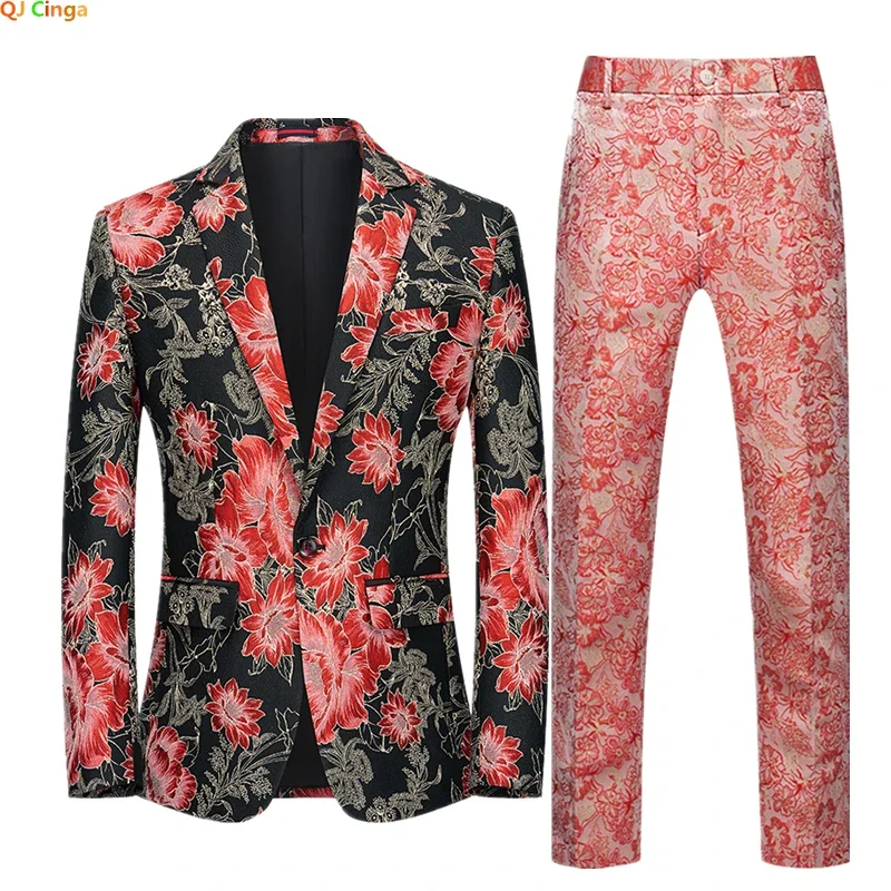 Embroidery Color Fashion Suit Two-piece Men\'s High Quality Personalized Stage Performance Banquet Business Casual Blazer+Pant