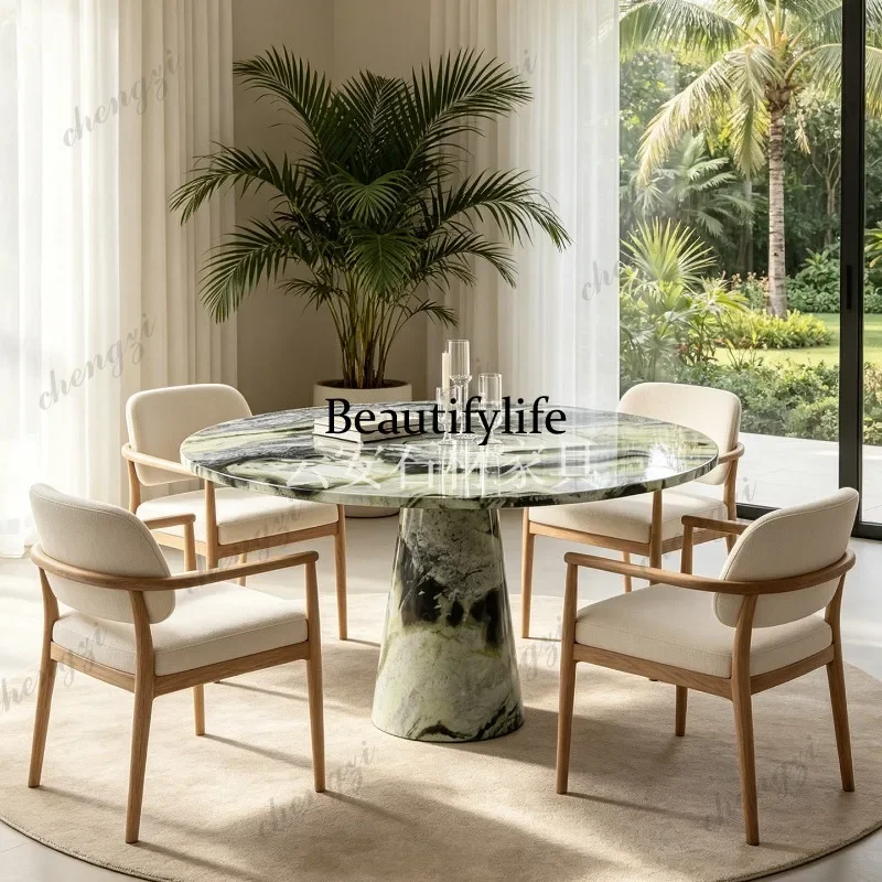 D1089 Nordic Light Luxury High-End Natural Green Marble Round Dining Table Villa B&B Negotiation Table