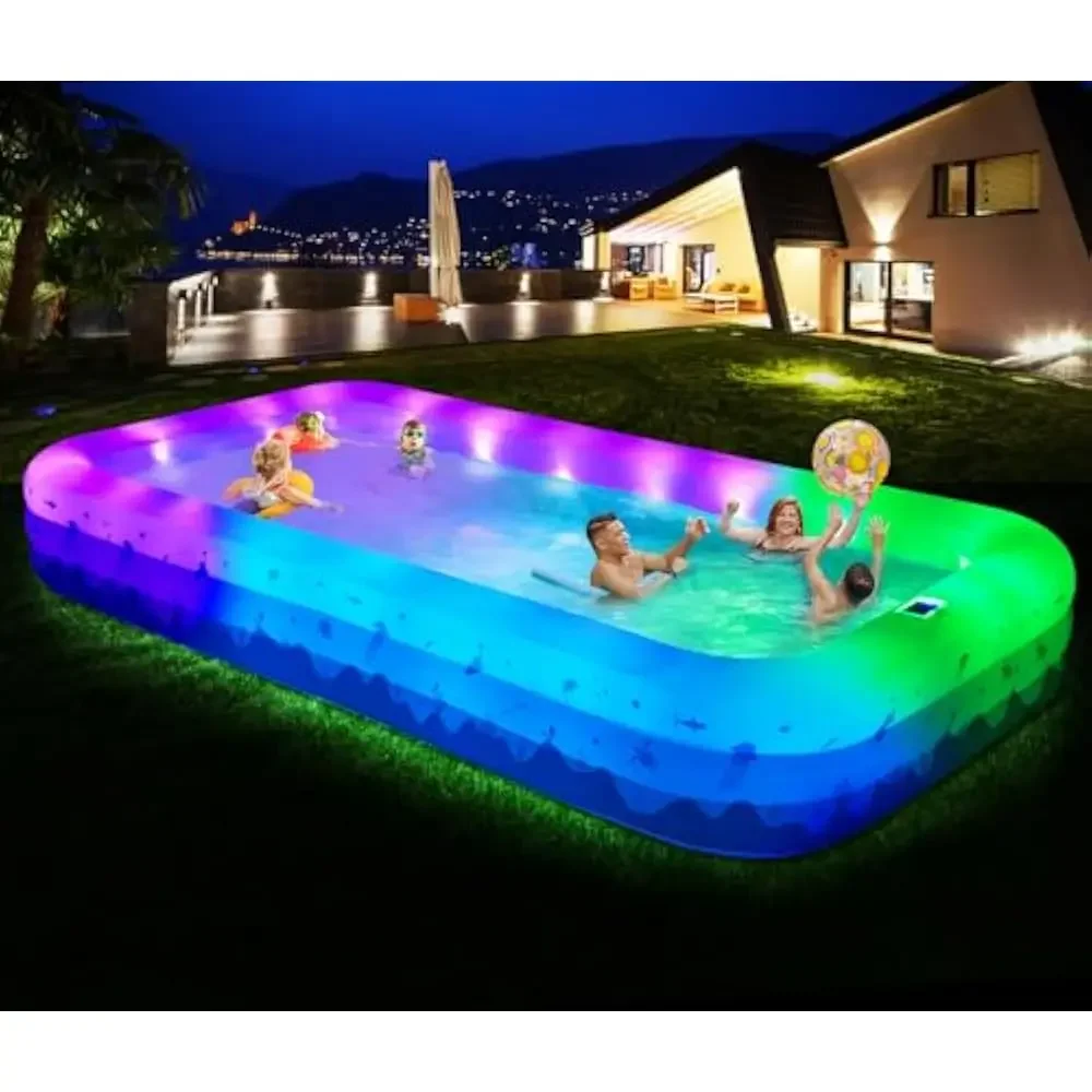Pool with Lights - 145'' X 74'' X 22'', Thickened Blow Up Pool with Seats & Backrest for Adults, 7 Color Big Swimming Pool