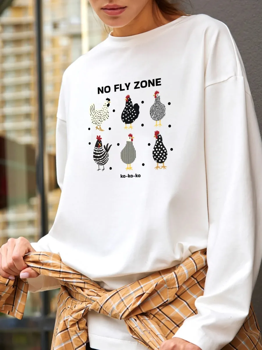 2026 Spring Autumn New Women Soft Cotton Long Sleeve Funny Rooster Graphic Print T Shirt O Neck Loose Casual Daily Fashion Top