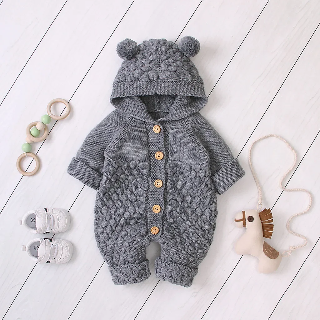 

Knit Sweater Infant Hooded Jumpsuit Fall Winter Newborn Clothes Baby Boy Girls Warm Cotton 0-18M Climb Clothes Toddler Bodysuit