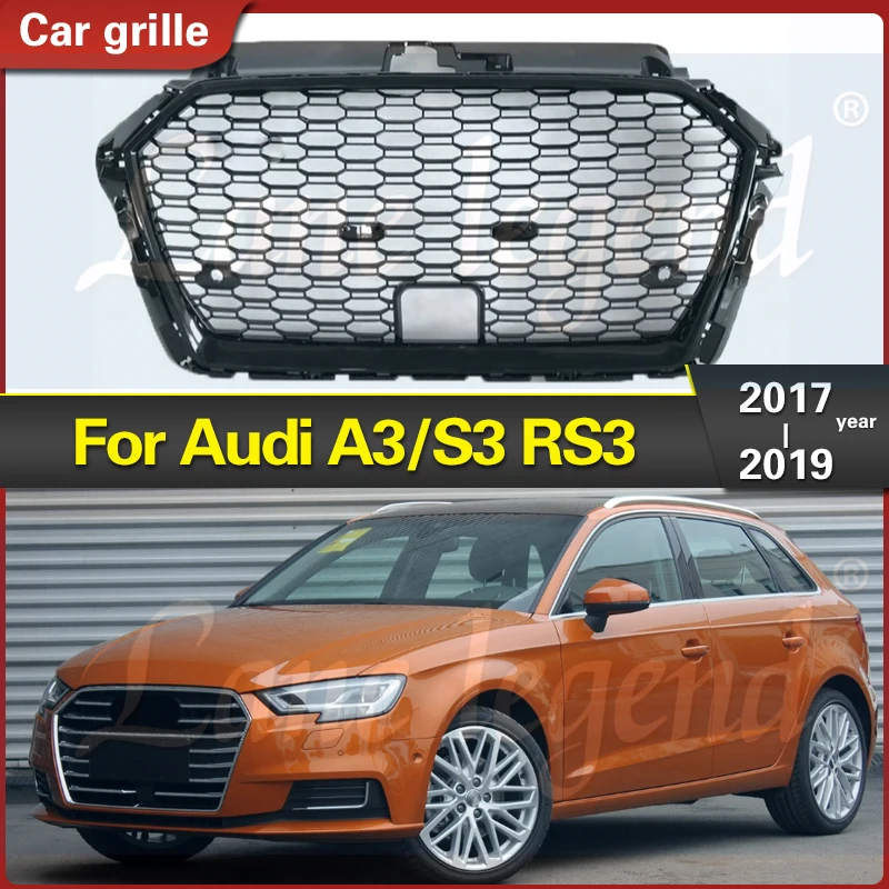 Car Front Bumper Grill Center Grille With ACC Hole for Audi A3/S3 8V 2017 2018 2019 (Refit for RS3 Style) Racing Grills