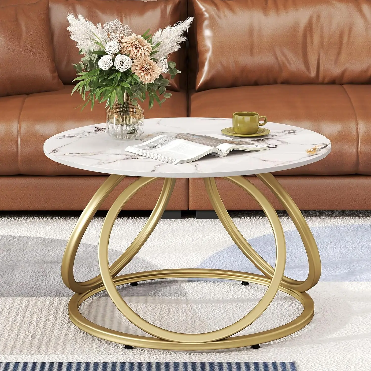 

Round Gold Coffee Table, Modern Coffee Table with Natural Sintered Stone, Marble Look Center Table for Living Room, Customized