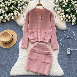 Ladies Knitted Two Pieces Suits Long Sleeves Cardigan Sweater+High Waist Mini Skirt Female Warm Autumn Winter Sweater Knit Set