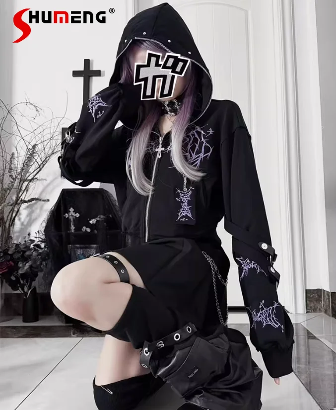 

Subculture Y2k Gothic Black Hooded Jacket Spring New 2026 Sweet Cool Girlie Loose Tie-dye Long-sleeved Top Women Sweatshirts