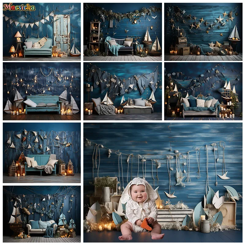 

Mocsicka Baby Show Photography Backgrounds Ocean Theme Blue Plank Backdrops Kids Happy Birthday Party Cake Smash Studio Banner