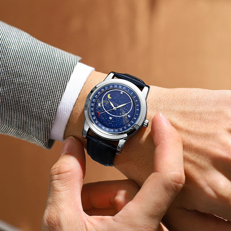 Новые мужские часы, поддельные механические брендовые кварцевые часы, часы со звездным небом, водонепроницаемые мужские часы с прозрачным дном и камнем