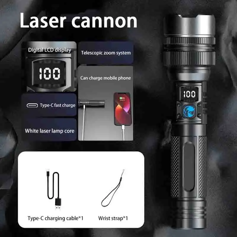 Super Bright Long Shot High Power LED Flashlight Rechargeable USB-C Digital Display Waterproof Long Lasting Camping Emergency