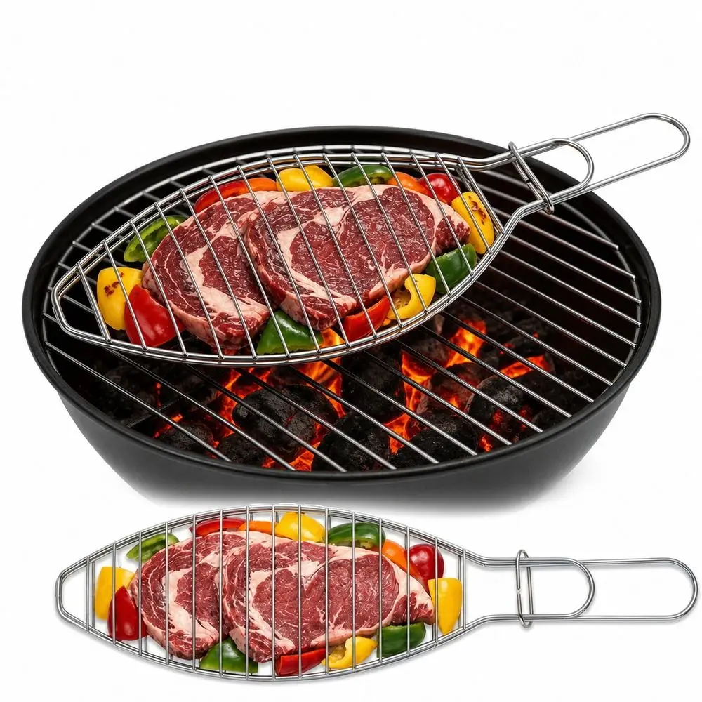 Fish-Shaped Iron Fish Grill Rack Wire Grid Long Handle Fish Grill Basket Sliding Lock 42cm Grill Rack Open Flame Cooking