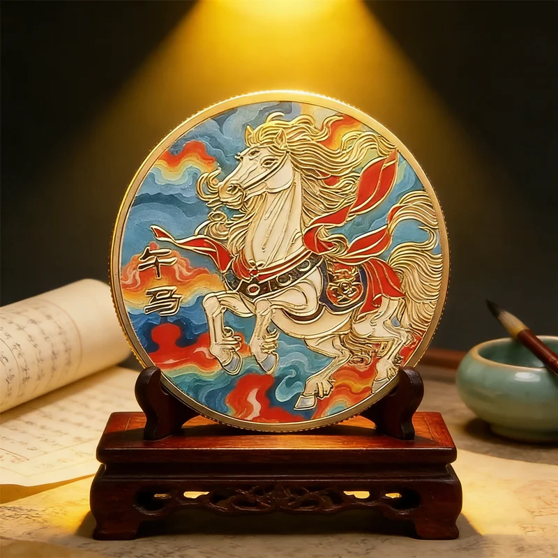 Year of the Horse Commemorative Coin, Vibrant Colorful Zodiac Design, Includes Protective Display Case, Perfect for Collectors