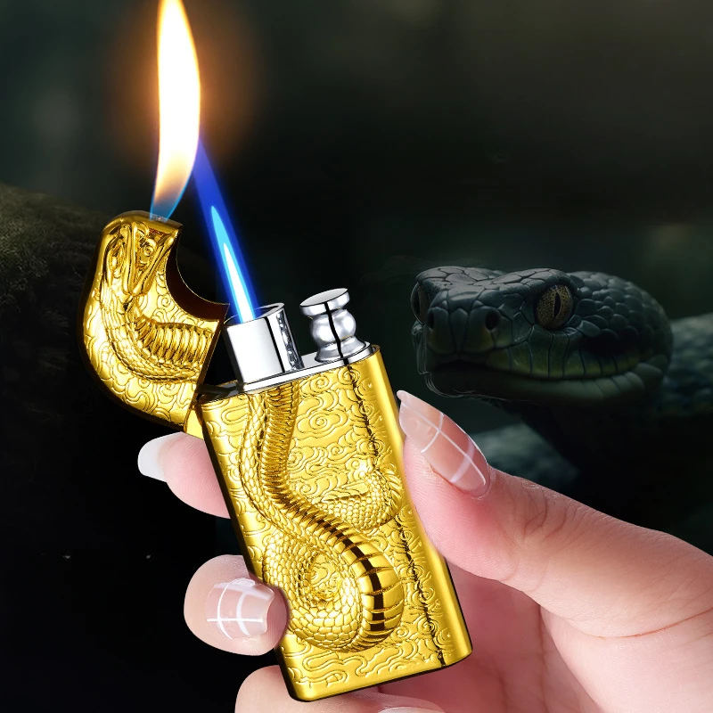 Double Flame Snake Embossed Lighter for Men, Creative Embossed Magic Double Fire Conversion, Gas Lighter, Personalized Metal