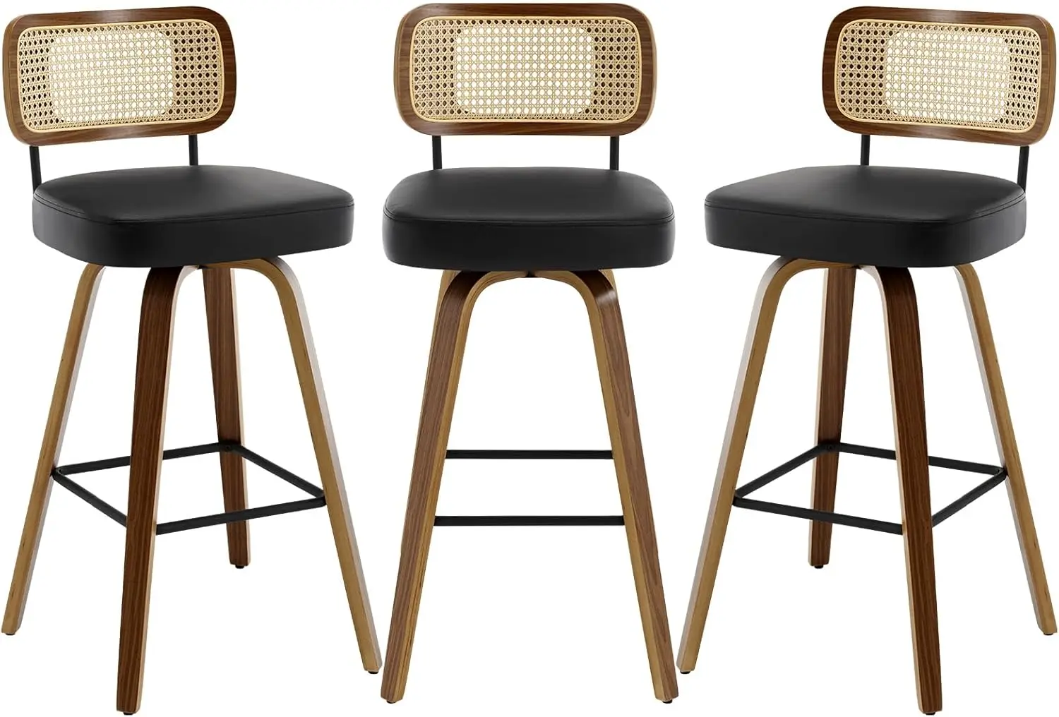 

Swivel Bar Stools Set of 3, Upholstered Faux Leather Barstools with Rattan Back, 29" Seat Height Bar Chairs for Kitchen Island,