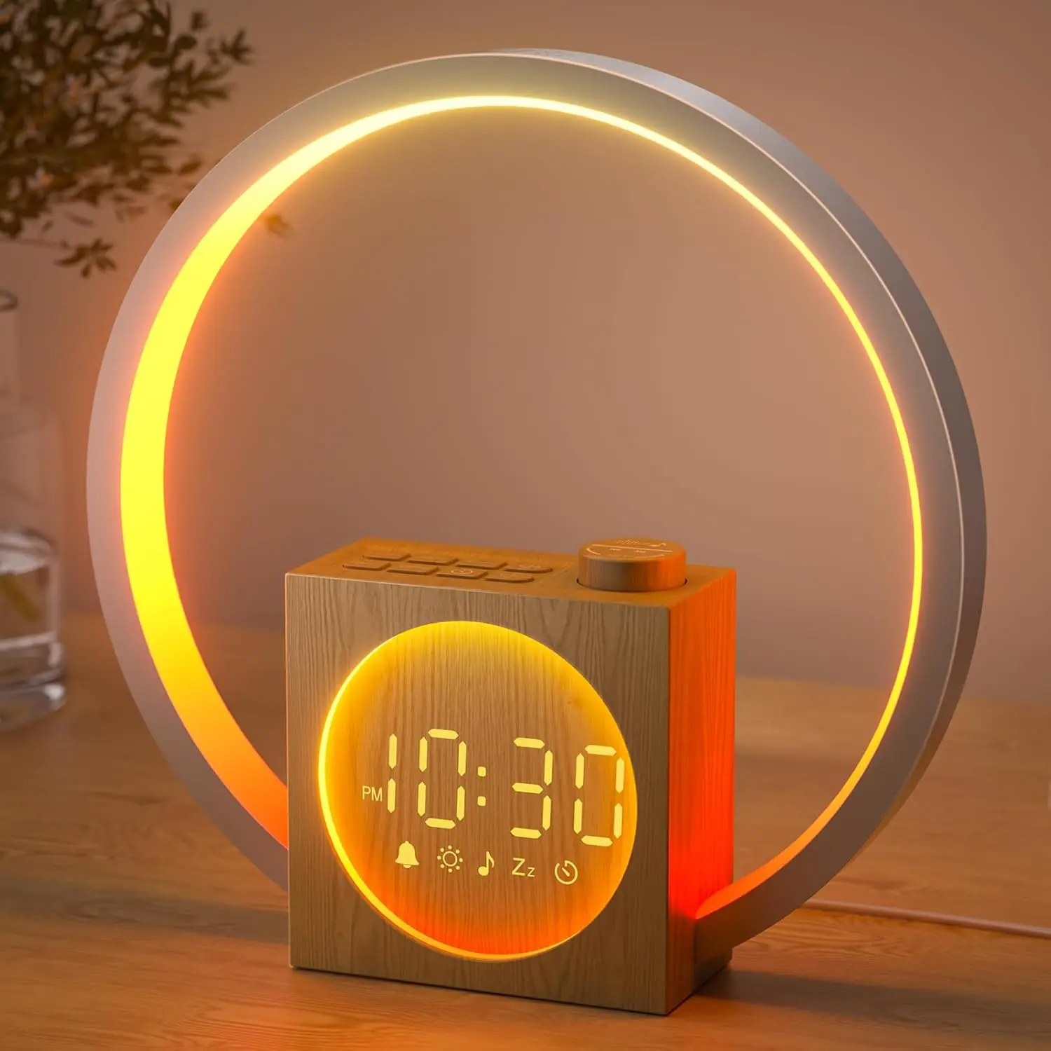 USB portable smart desk clock, wood grain color, white LED lighting, sunrise function, hotel alarm clock