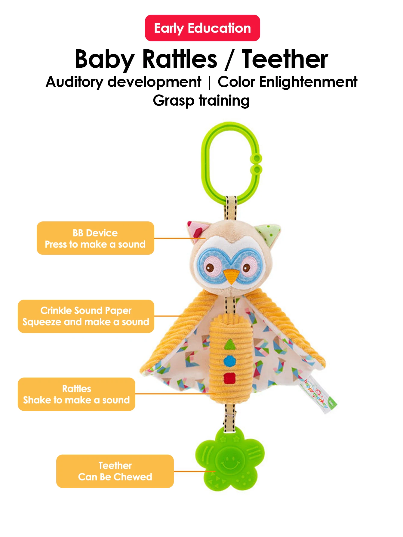 Soft Infant Crib Bed Stroller Mobile Hanging Rattle Baby Educational Toys Brain Developmental Hand Grip Cute Stuffed Animal Toys