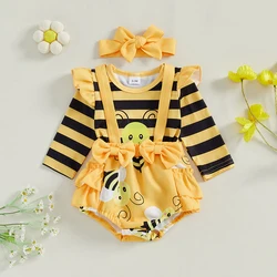 Lovely Baby Girl Sets Autumn Outfits Stripe Bee Print Long Sleeve Romper Suspender Shorts Headband 3Pcs Clothes Set