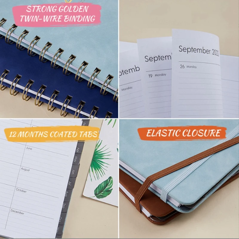 Top-Weekly Plan Book Full English Schedule Book PU Leather Notebook 2022 Elastic Band Notepad