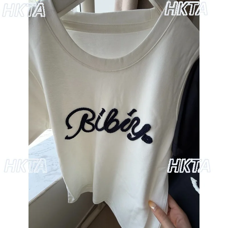 Japanese Thick Rope Twisted Letter Cotton Tshirt Women Summer New Simple Casual T-shirt Women's Round Neck Short Sleeve Tops