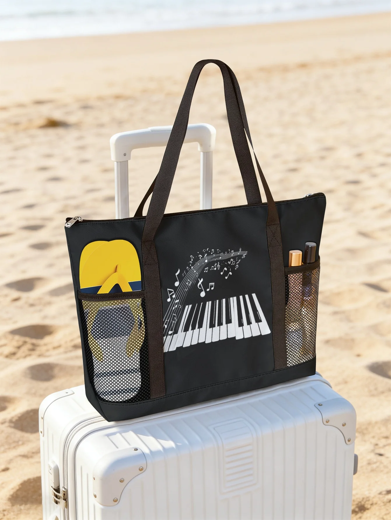

Piano key note printed handbag, large capacity women's beach bag, waterproof travel shoulder bag with mesh pockets