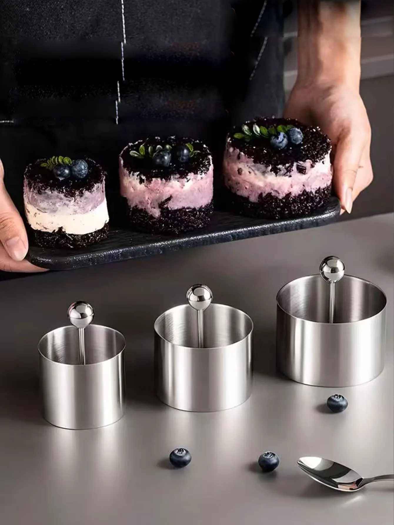 304 Stainless Steel Purple Rice Taro Paste Milk Brick Mold Round Stainless Steel Rice Ball Cold Dish Pastry Mousse Baking Cake Small Dessert Set 3Pcs