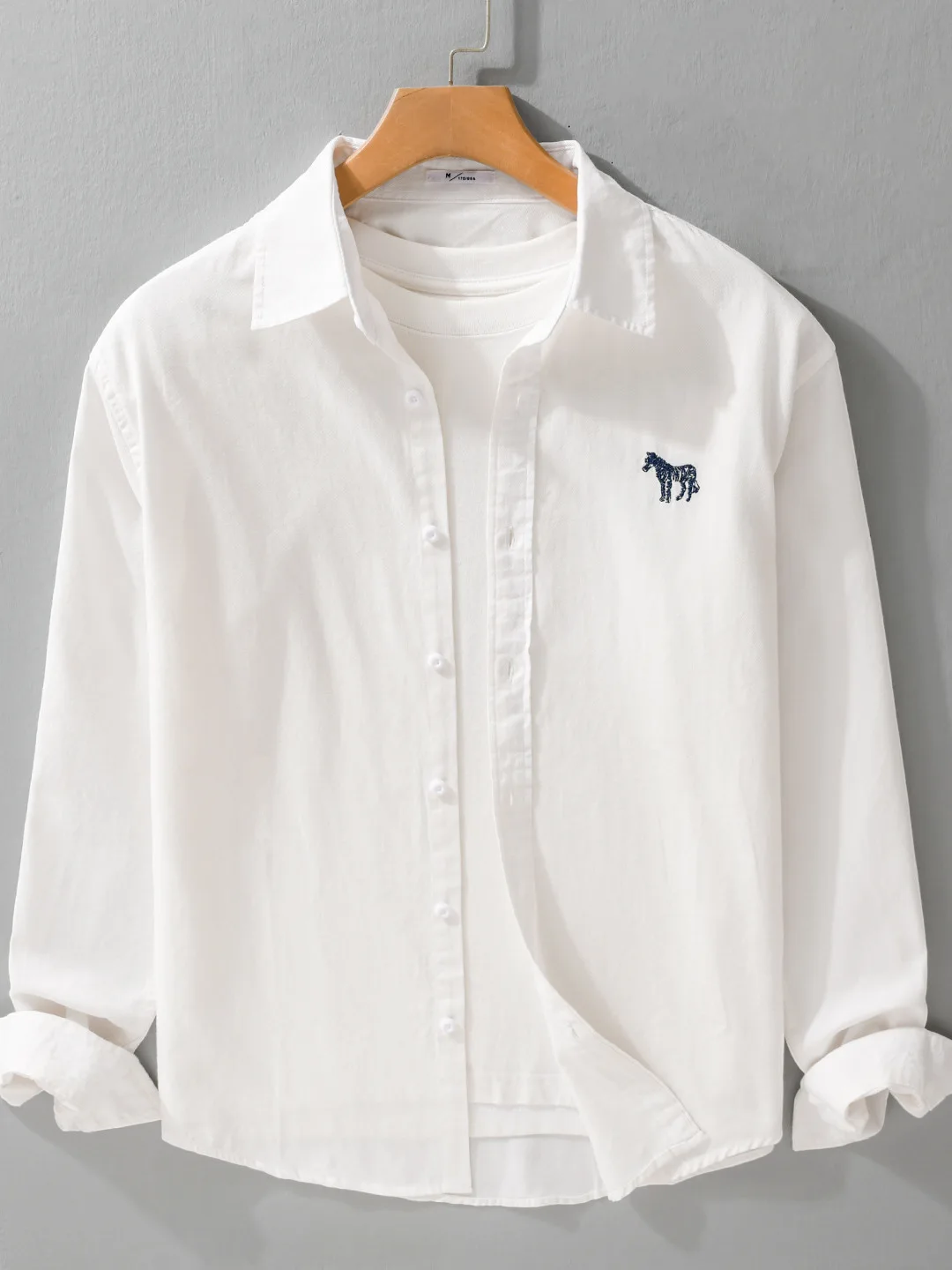 

Spring Autumn Loose Fit Casual Cotton Long Sve Men's irt Embroidered Pure Color Collared Button up Daily Wear