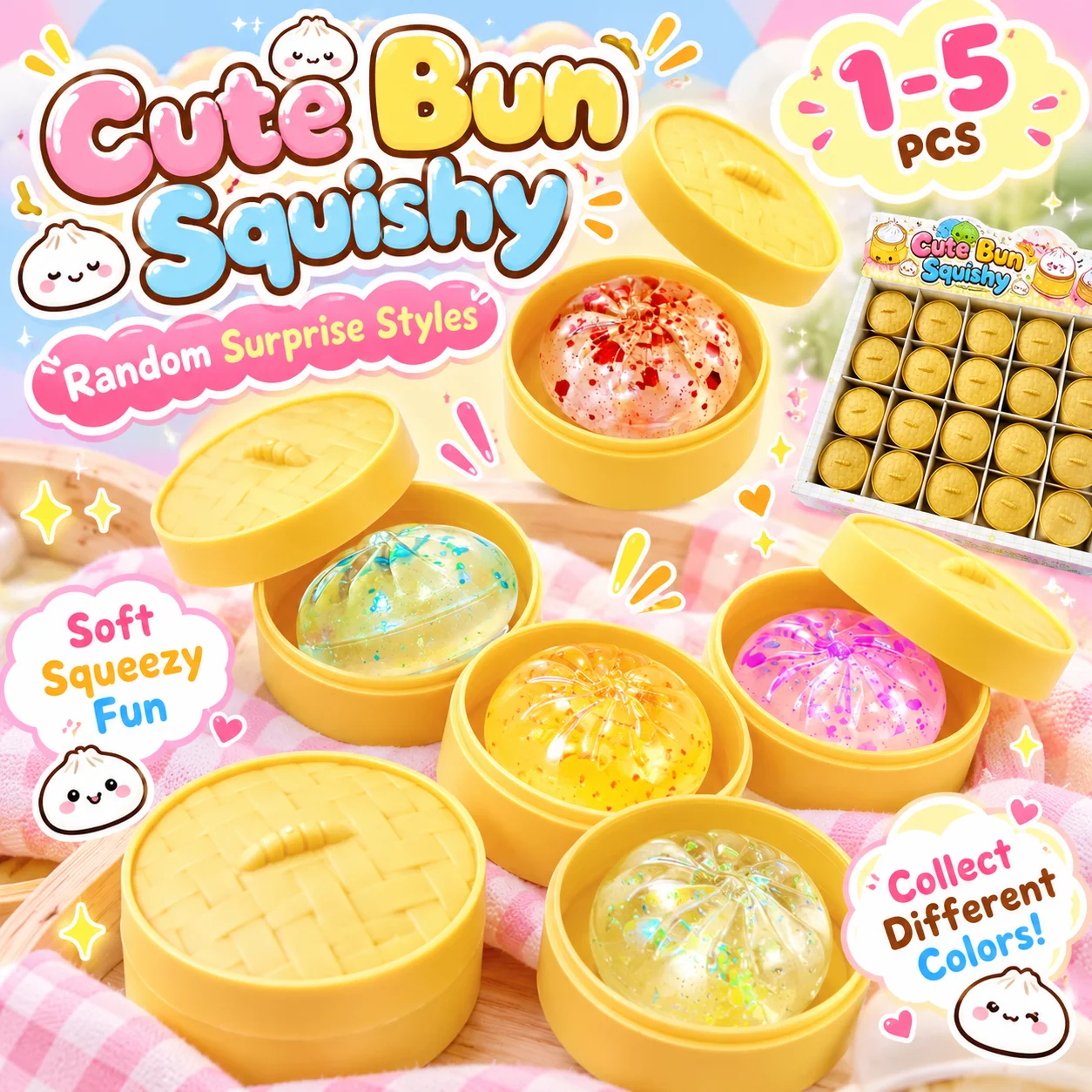 1-5PCS Crystal Style Bao Bun Squishy with Steamer Basket Mini Dumpling Squeeze Fidget Sensory Stress Relief Party Favor Gift