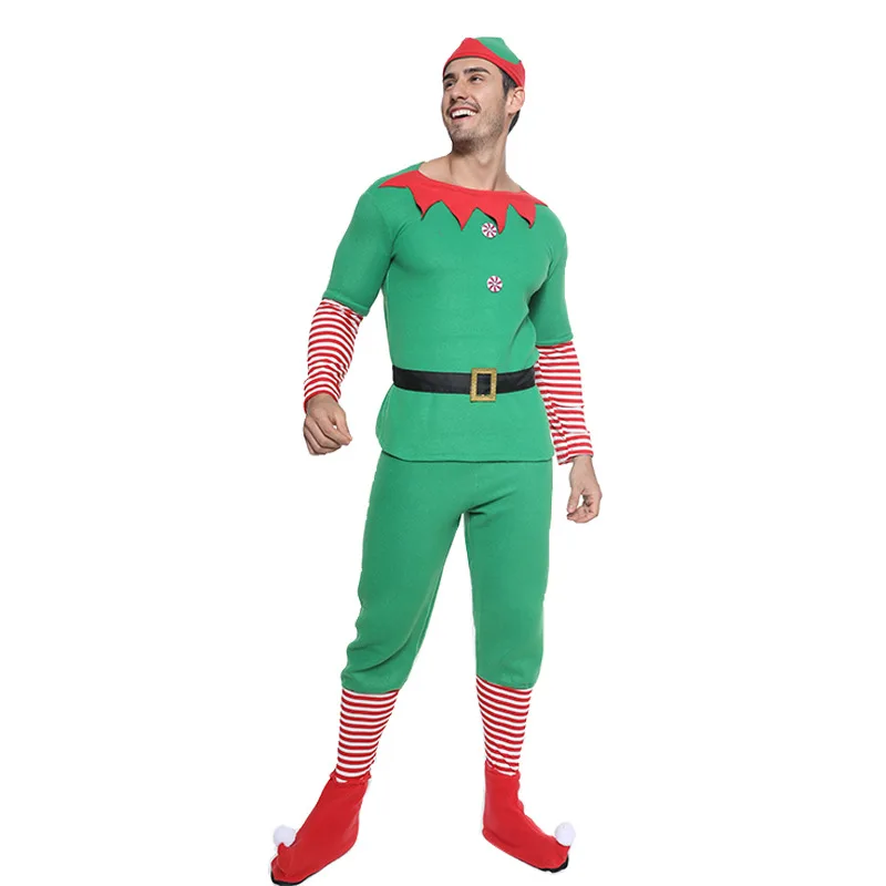 Natal Santa Claus Green Elf Cosplay Traje, Festa de Carnaval Familiar, Ano Novo, Vestido extravagante, Conjunto de roupas, Homens, Mulheres, Meninas, Meninos