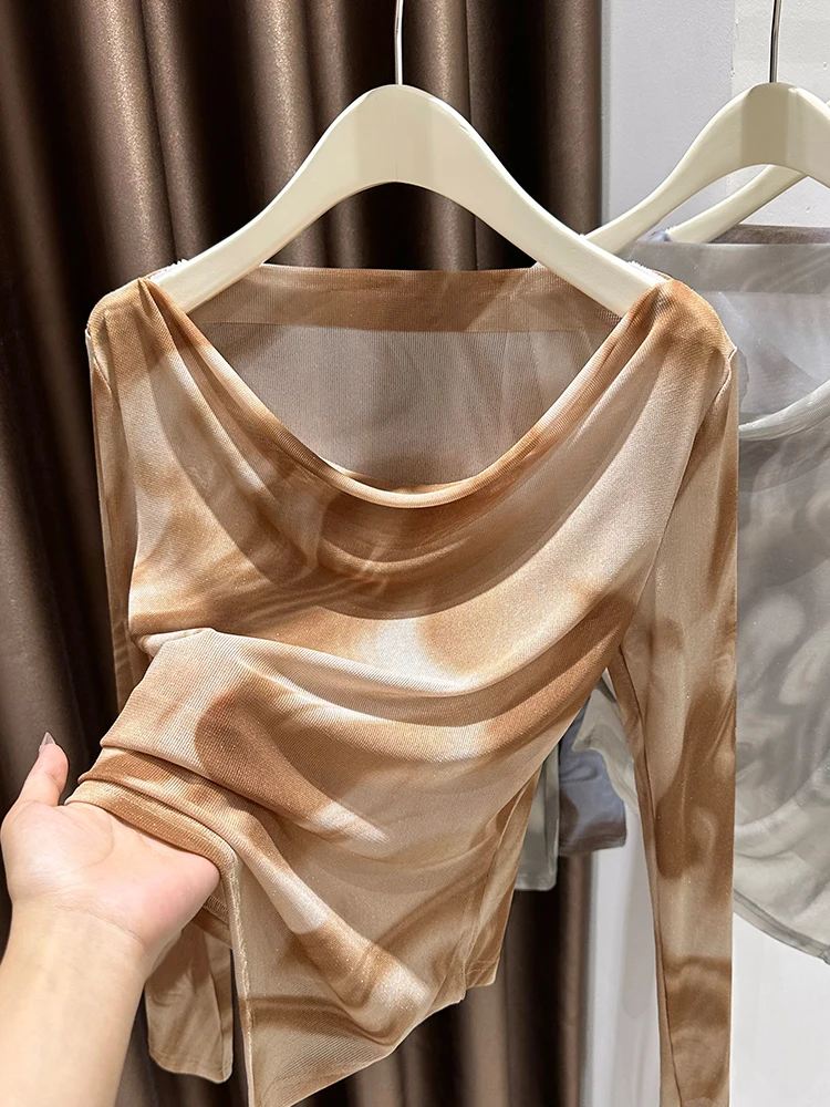 

Женский укороченный топ с длинными рукавами и кружевом, весенняя модная базовая футболка с открытыми плечами, градиентная окраска, из нейлонового волокна, облегающий крой