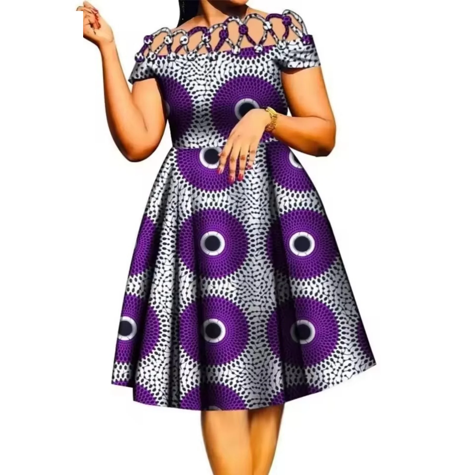Elegant African Print Wax Dress for Women Knee-Length Cotton Rope Weaving Collar Clothing Lady's Fashionable Ethnic Wear