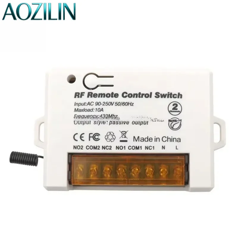 AOZILIN For 2 Channel Wireless Relay Remote Switch RF AC 240V 220V 10A Receiver Garage Door Opener Control Module Smart Home
