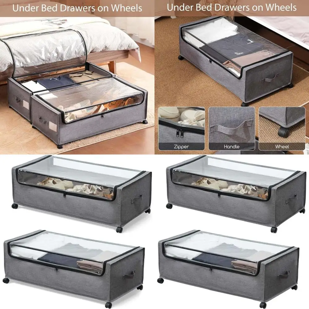

Extra Large Under Bed Storage with Wheels, Metal Frame, Clear Zippered Lid, 90L Capacity for Clothes and Shoes